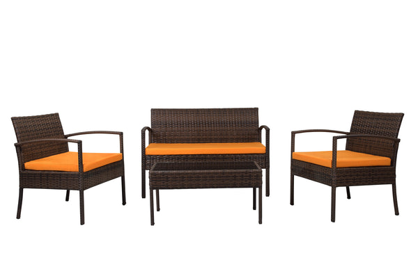 Homeroots Four Piece Outdoor Dark Brown Wicker Sofa Seating Group With Orange Cushions  Wicker 558552