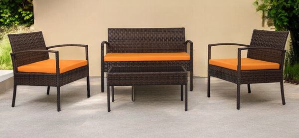 Homeroots Four Piece Outdoor Dark Brown Wicker Sofa Seating Group With Orange Cushions  Wicker 558552