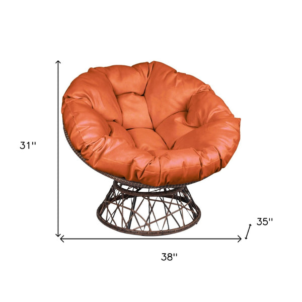 HomeRoots 38" Stylish Brown Metal Papasan Chair with Vibrant Orange Cushion for Indoor & Outdoor Relaxation 558553