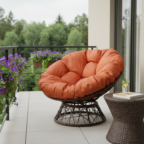 HomeRoots 38" Stylish Brown Metal Papasan Chair with Vibrant Orange Cushion for Indoor & Outdoor Relaxation 558553