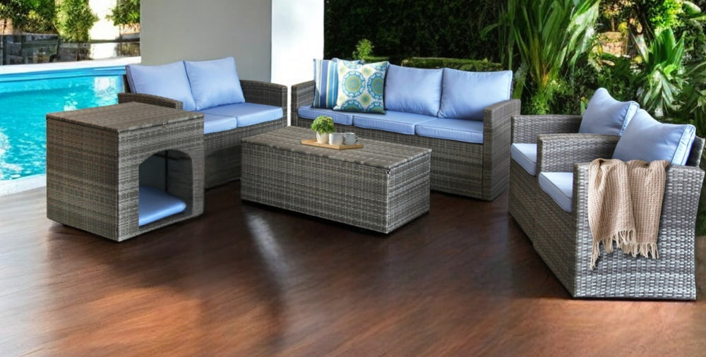 Homeroots Six Piece Outdoor Gray Wicker Sofa Seating Group With Light Blue Cushions  Wicker 558554