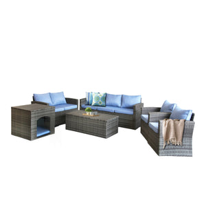 Homeroots Six Piece Outdoor Gray Wicker Sofa Seating Group With Light Blue Cushions  Wicker 558554
