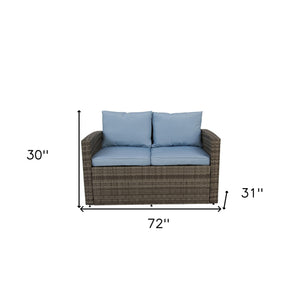 Homeroots Six Piece Outdoor Gray Wicker Sofa Seating Group With Light Blue Cushions  Wicker 558554