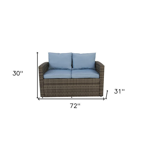 Homeroots Six Piece Outdoor Gray Wicker Sofa Seating Group With Light Blue Cushions  Wicker 558554