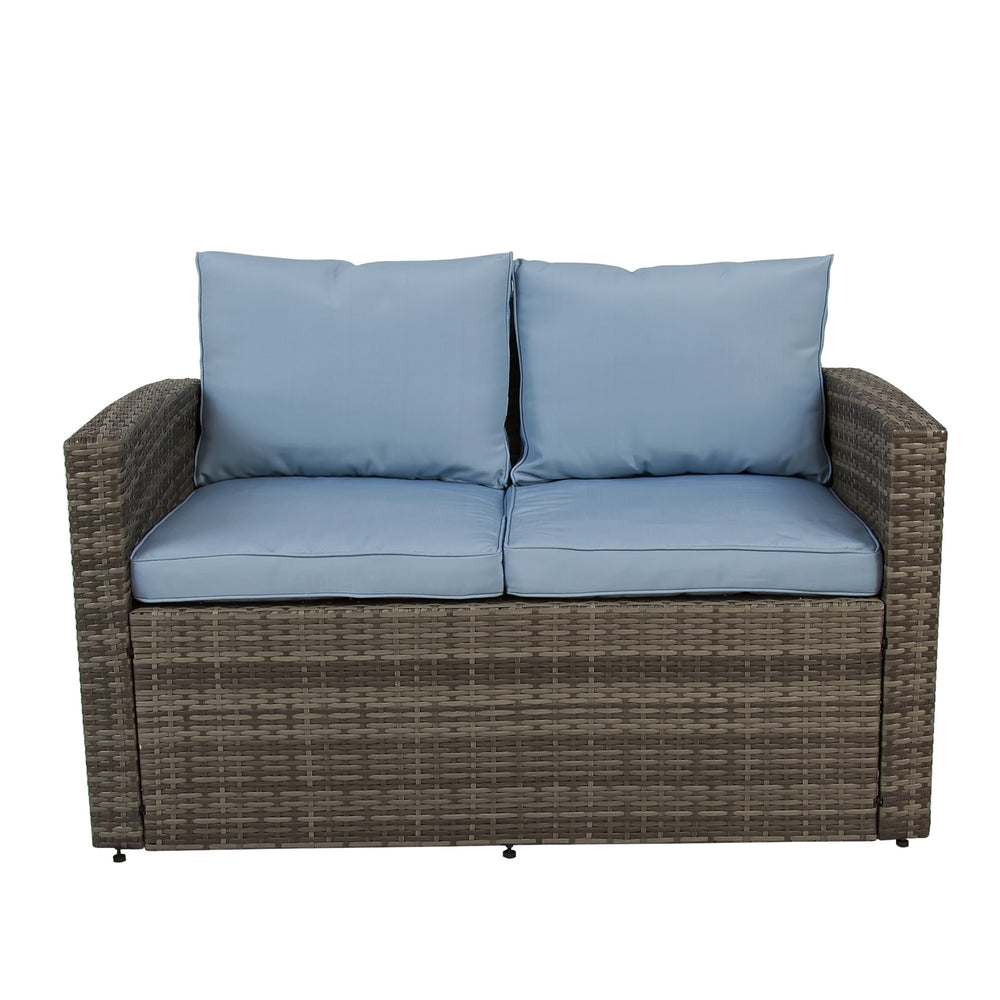 Homeroots Six Piece Outdoor Gray Wicker Sofa Seating Group With Light Blue Cushions  Wicker 558554