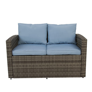 Homeroots Six Piece Outdoor Gray Wicker Sofa Seating Group With Light Blue Cushions  Wicker 558554