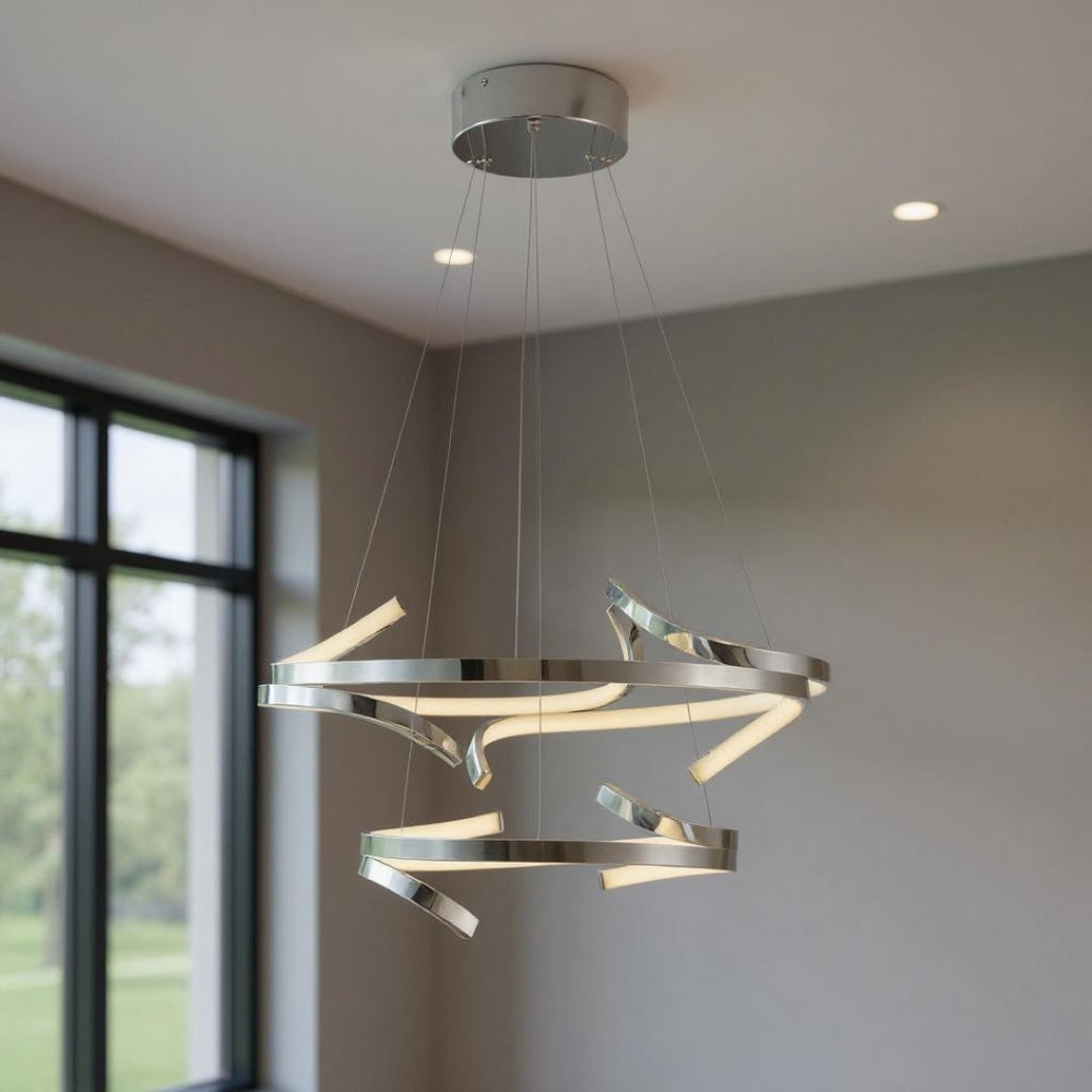 HomeRoots Silver Modern Two-Light LED Chandelier – Dimmable & Adjustable, Perfect for Stylish Home Spaces 558599