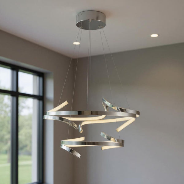 HomeRoots Silver Modern Two-Light LED Chandelier – Dimmable & Adjustable, Perfect for Stylish Home Spaces 558599