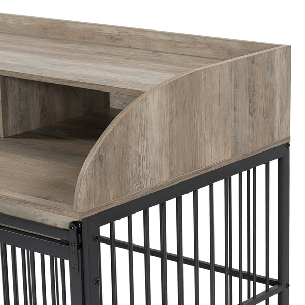 English Elm GO Furniture-Style Dog Crate 44" Gray End Table Kennel with Sliding Barn Door, Storage Shelves, Wheels WF323360AAE