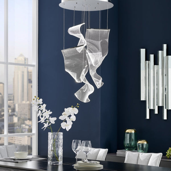 HomeRoots Silver Five-Light LED Chandelier with Clear Acrylic Shades - Dimmable, Adjustable Height, Modern Design 558608