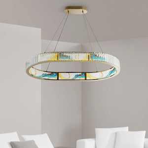 HomeRoots Gold Geometric Crystal LED Chandelier - Modern Elegance in Clear & Blue for Upscale Decor Spaces 558619