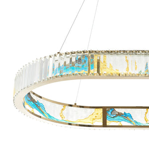 HomeRoots Gold Geometric Crystal LED Chandelier - Modern Elegance in Clear & Blue for Upscale Decor Spaces 558619