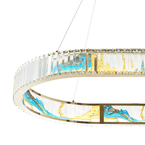 HomeRoots Gold Geometric Crystal LED Chandelier - Modern Elegance in Clear & Blue for Upscale Decor Spaces 558619
