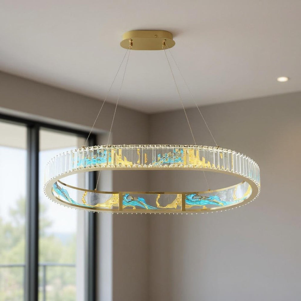 HomeRoots Gold Geometric Crystal LED Chandelier - Modern Elegance in Clear & Blue for Upscale Decor Spaces 558619