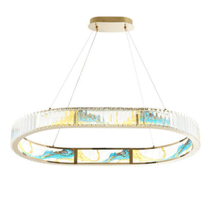 HomeRoots Gold Geometric Crystal LED Chandelier - Modern Elegance in Clear & Blue for Upscale Decor Spaces 558619