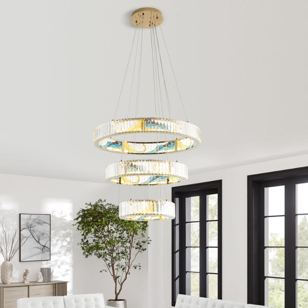 HomeRoots Gold Geometric Three-Light LED Chandelier - Elegant Crystal Design for Modern Home Décor & Illumination 558620