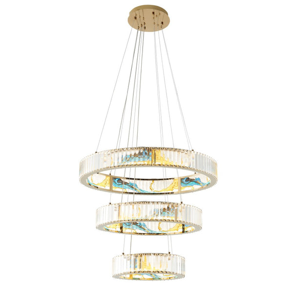 HomeRoots Gold Geometric Three-Light LED Chandelier - Elegant Crystal Design for Modern Home Décor & Illumination 558620