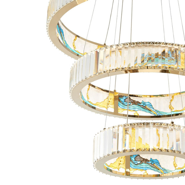 HomeRoots Gold Geometric Three-Light LED Chandelier - Elegant Crystal Design for Modern Home Décor & Illumination 558620