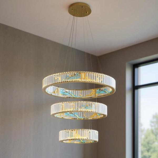 HomeRoots Gold Geometric Three-Light LED Chandelier - Elegant Crystal Design for Modern Home Décor & Illumination 558620