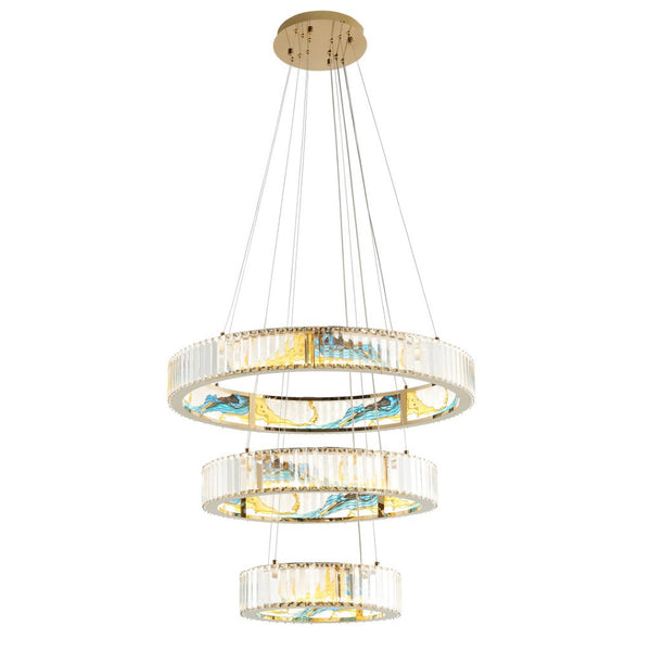 HomeRoots Gold Geometric Three-Light LED Chandelier - Elegant Crystal Design for Modern Home Décor & Illumination 558620