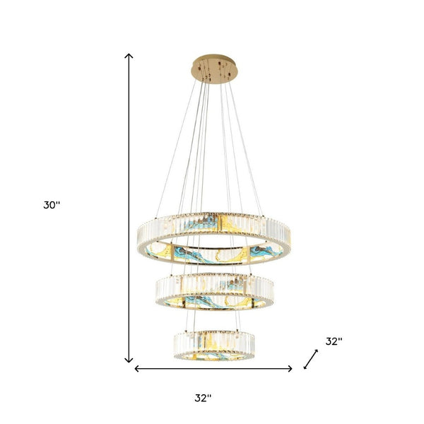 HomeRoots Gold Geometric Three-Light LED Chandelier - Elegant Crystal Design for Modern Home Décor & Illumination 558620