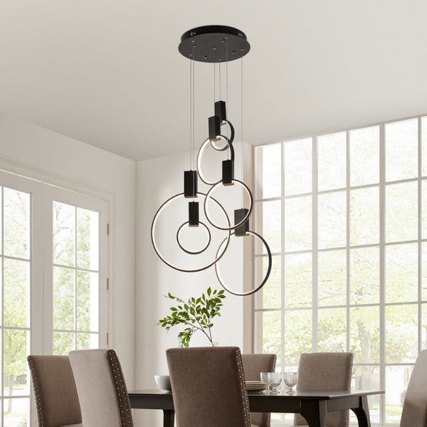 HomeRoots Black Geometric Chandelier - Six-Light LED Dimmable Fixture with Adjustable Height for Modern Spaces 558624