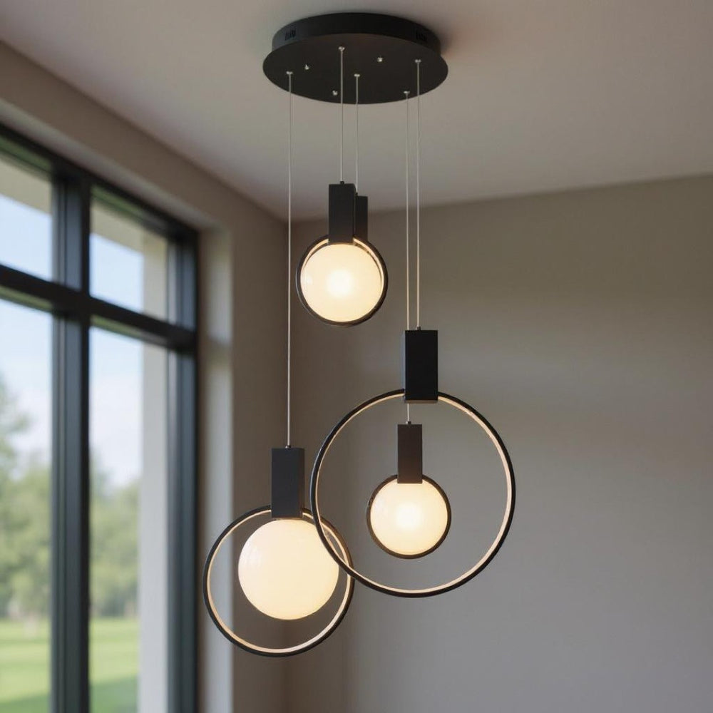 HomeRoots Black Geometric Chandelier - Six-Light LED Dimmable Fixture with Adjustable Height for Modern Spaces 558624