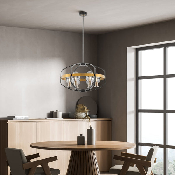 HomeRoots Black Eight-Light Dimmable Chandelier with Elegant Black and Gold Shades - Vintage Edison Design 558625