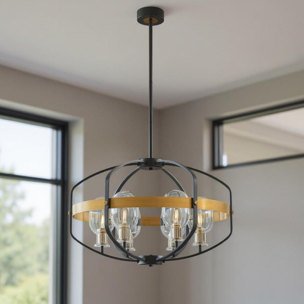 HomeRoots Black Eight-Light Dimmable Chandelier with Elegant Black and Gold Shades - Vintage Edison Design 558625