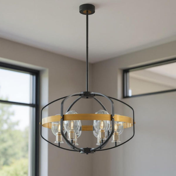 HomeRoots Black Eight-Light Dimmable Chandelier with Elegant Black and Gold Shades - Vintage Edison Design 558625