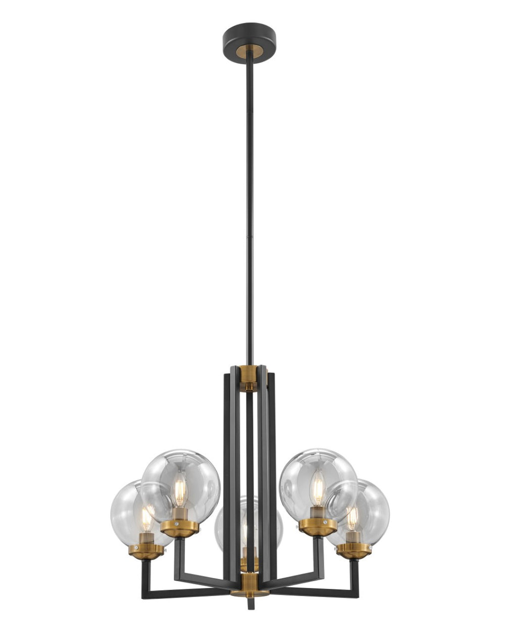 HomeRoots Black Five-Light Dimmable Chandelier with Clear Glass Shades & Black Gold Metal Frame for Modern Spaces 558626