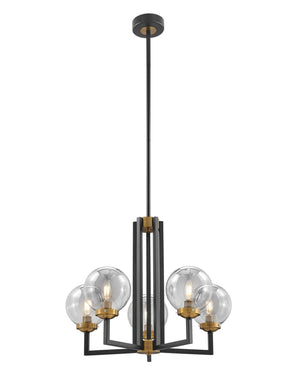 HomeRoots Black Five-Light Dimmable Chandelier with Clear Glass Shades & Black Gold Metal Frame for Modern Spaces 558626