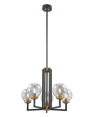 HomeRoots Black Five-Light Dimmable Chandelier with Clear Glass Shades & Black Gold Metal Frame for Modern Spaces 558626