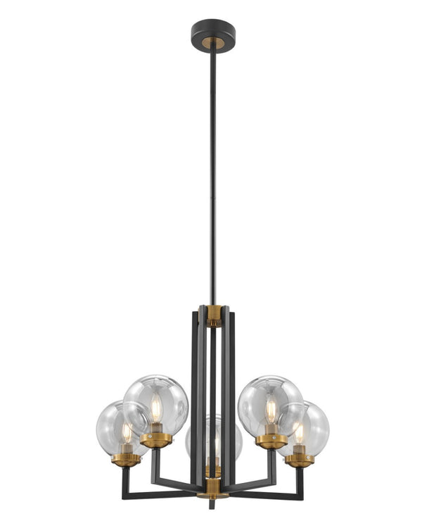 HomeRoots Black Five-Light Dimmable Chandelier with Clear Glass Shades & Black Gold Metal Frame for Modern Spaces 558626