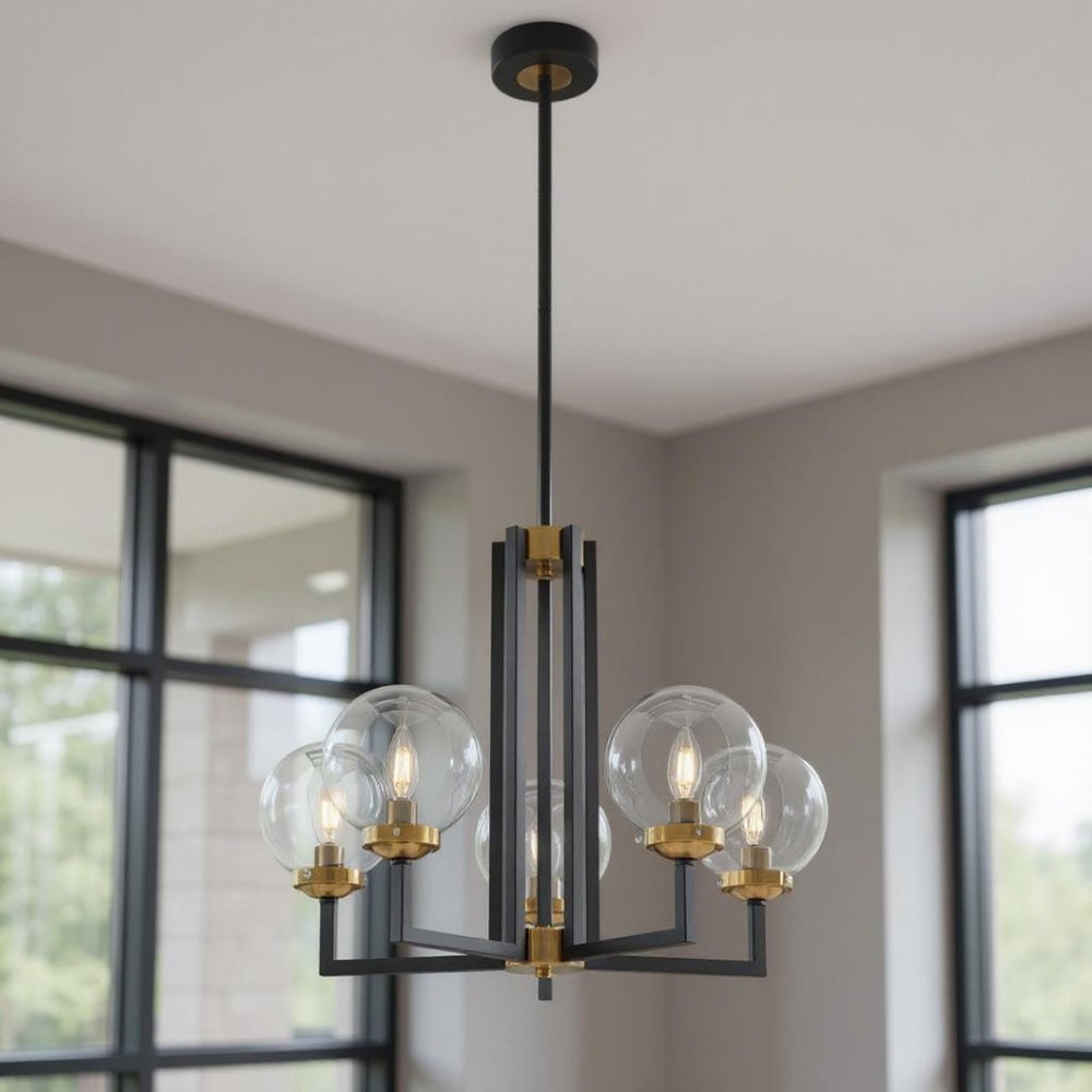 HomeRoots Black Five-Light Dimmable Chandelier with Clear Glass Shades & Black Gold Metal Frame for Modern Spaces 558626
