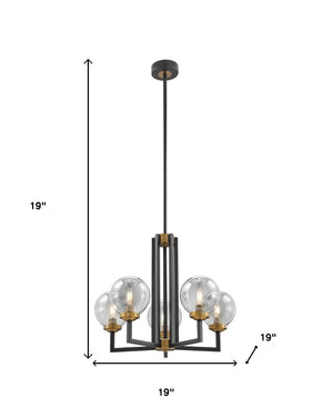 HomeRoots Black Five-Light Dimmable Chandelier with Clear Glass Shades & Black Gold Metal Frame for Modern Spaces 558626
