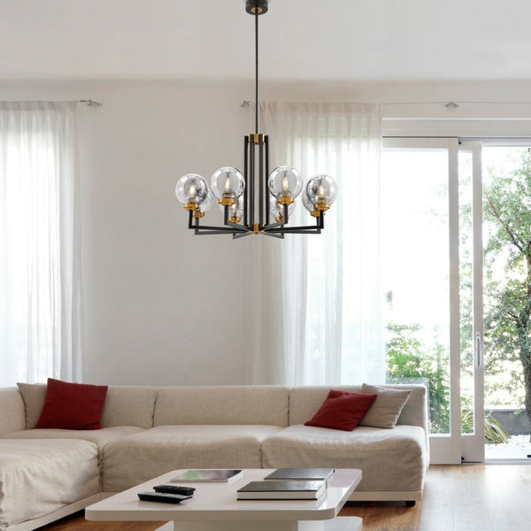 HomeRoots Black Eight-Light Dimmable Chandelier - Elegant Metal & Glass Design for Modern Industrial Spaces 558627