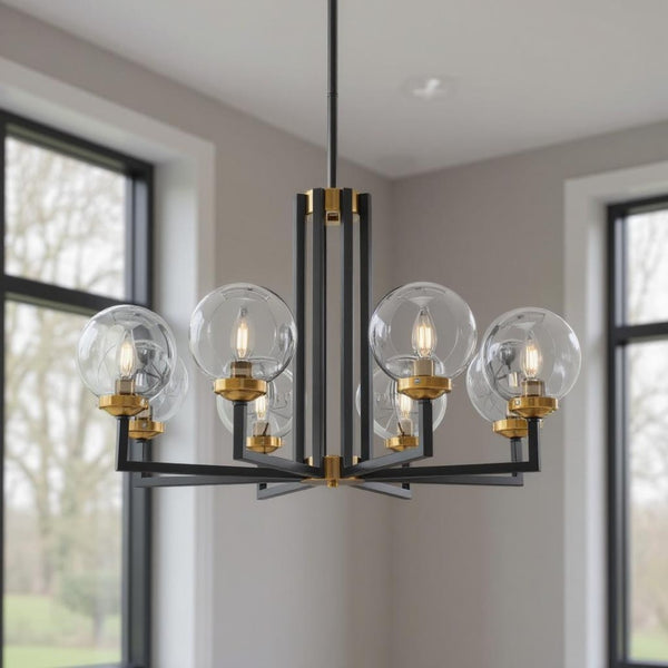 HomeRoots Black Eight-Light Dimmable Chandelier - Elegant Metal & Glass Design for Modern Industrial Spaces 558627