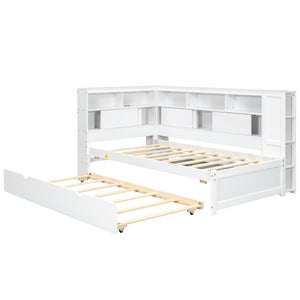 English Elm Twin Daybed with Built-In Shelves, USB Port & Trundle — Solid Pine Frame, Sturdy Storage and Smooth Wheels for Space-Saving Sleep Solutions White GX000467AAK