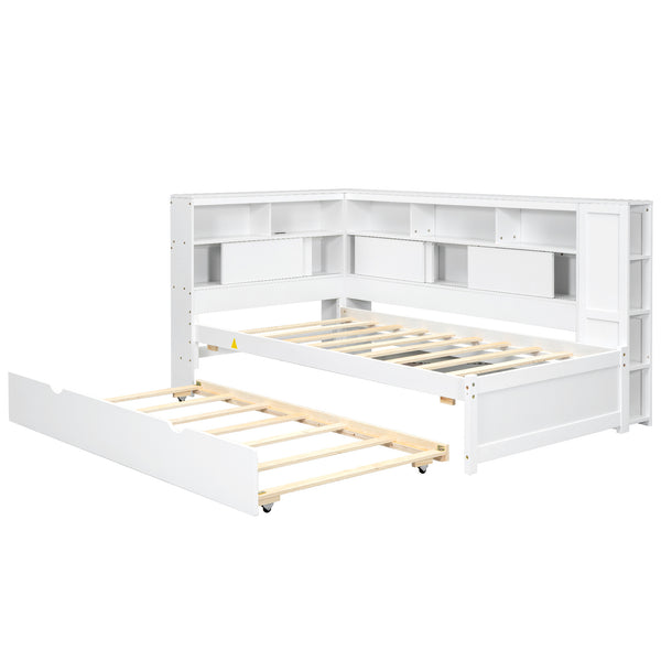 English Elm Twin Daybed with Built-In Shelves, USB Port & Trundle — Solid Pine Frame, Sturdy Storage and Smooth Wheels for Space-Saving Sleep Solutions White GX000467AAK