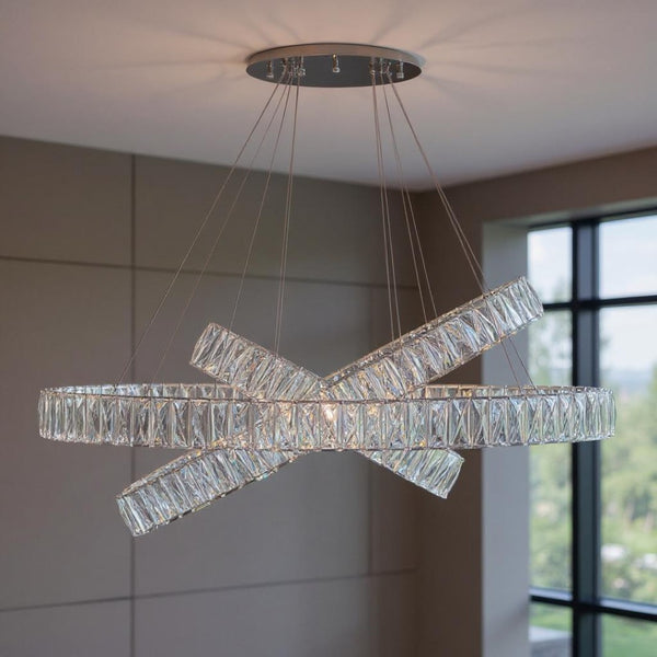 HomeRoots Silver Crystal LED Chandelier - Dimmable Three-Light Fixture for Modern Elegance in Any Room 558630
