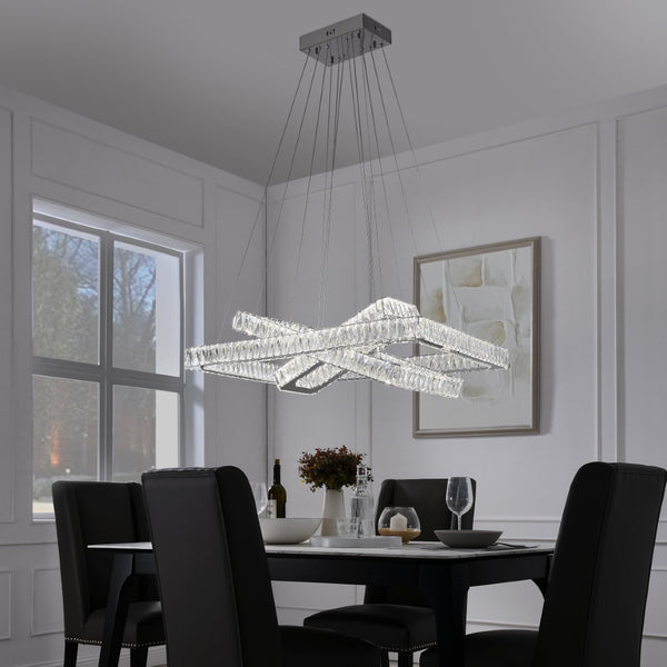 HomeRoots Silver Three-Light Crystal LED Chandelier - Dimmable, Adjustable Height, Modern Elegance for Your Home 558631