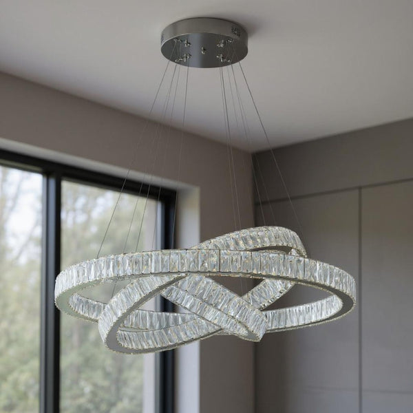 HomeRoots Silver Crystal LED Dimmable Chandelier - Elegant Three-Light Fixture with Adjustable Hanging Length 558632