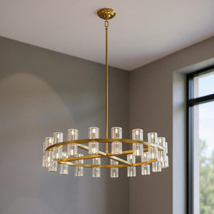 HomeRoots Gold Wagon Wheel Chandelier: Modern Farmhouse Design with Clear Shades for Elegant Illumination 558635