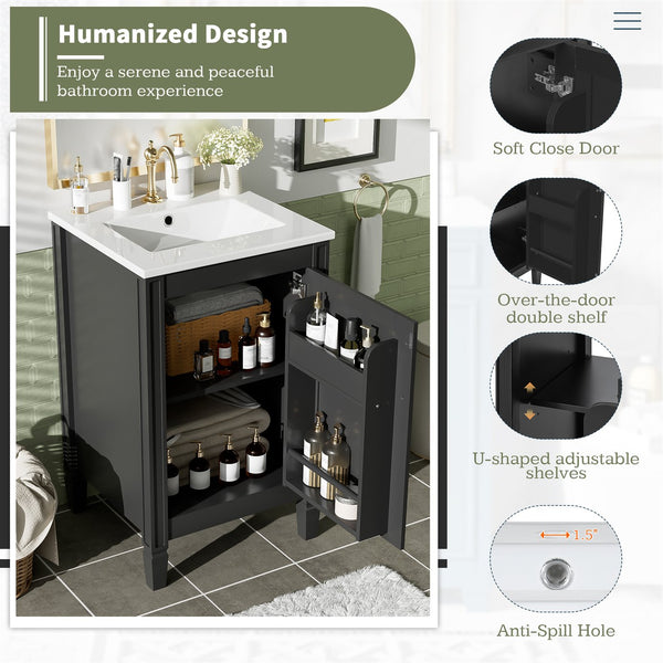 English Elm 20" Black Bathroom Vanity with Ceramic Sink, Soft-Close Door, U-Shaped Adjustable Shelf & Door Racks N729P299364B