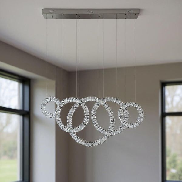 HomeRoots Silver Geometric Five-Light Crystal LED Chandelier – Dimmable Elegance for Modern Spaces & Focal Points 558640