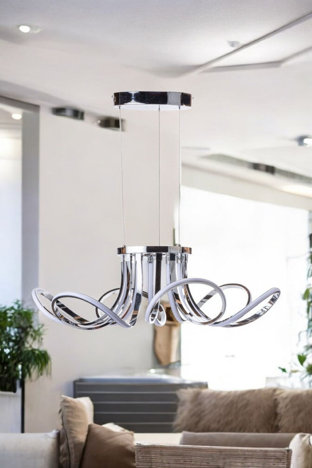 HomeRoots Silver Metallic Six-Light Smart LED Chandelier – Dimmable, Modern Design for Versatile Spaces 558643