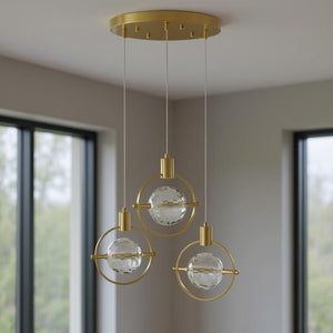 HomeRoots Gold Geometric Three-Light Dimmable Chandelier - Elegant Metal Fixture with Clear Shades for Any Room 558706