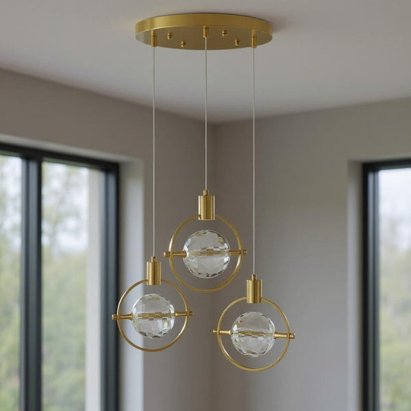 HomeRoots Gold Geometric Three-Light Dimmable Chandelier - Elegant Metal Fixture with Clear Shades for Any Room 558706