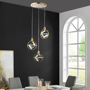HomeRoots Gold Geometric Dimmable Chandelier – Modern Three-Light Metal Fixture with Clear Shades for Elegance 558707